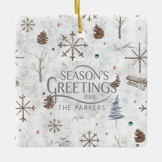 Boho Twigs & Pinecone Kerstmis ID986 Keramisch Ornament (Voorkant)