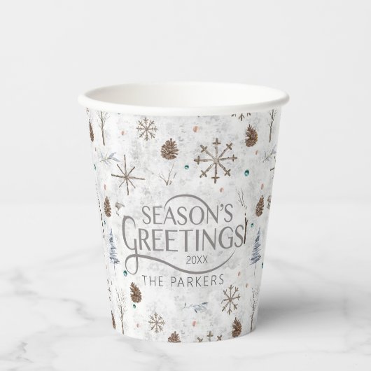 Boho Twigs & Pinecone Kerstmis ID986 Papieren Bekers (Voorkant)