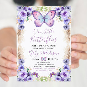 Boho Twin Paars Butterfly First Birthday Floral Kaart