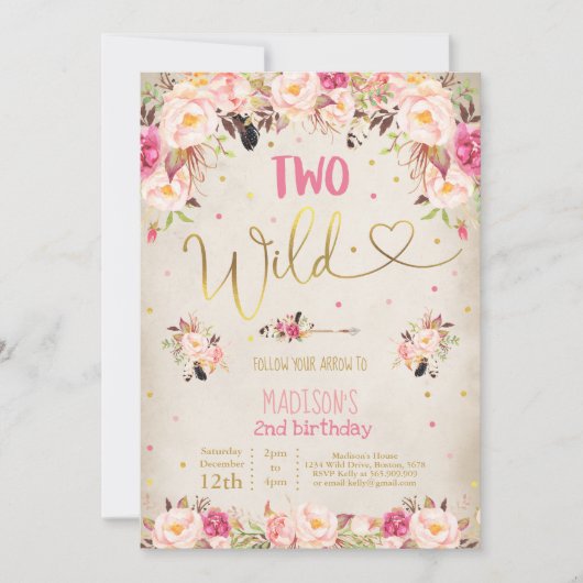 Boho Two Wild Birthday Invitation Waterverf Boho Kaart (Voorkant)