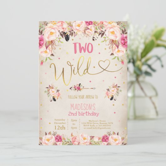 Boho Two Wild Birthday Invitation Waterverf Boho Kaart (Staand voorkant)