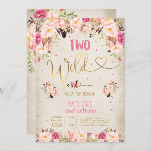 Boho Two Wild Birthday Invitation Waterverf Boho Kaart (Voorkant / Achterkant)