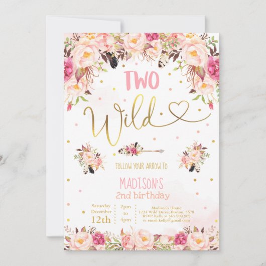 Boho Two Wild Birthday Invitation Waterverf Boho Kaart (Voorkant)
