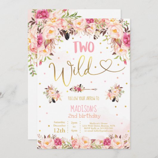 Boho Two Wild Birthday Invitation Waterverf Boho Kaart (Voorkant / Achterkant)
