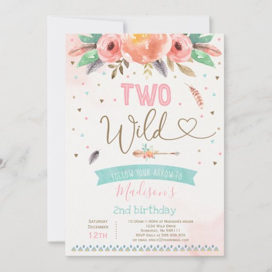 Boho Two Wild Birthday Invitation Waterverf Boho Kaart (Voorkant)