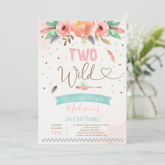 Boho Two Wild Birthday Invitation Waterverf Boho Kaart (Staand voorkant)