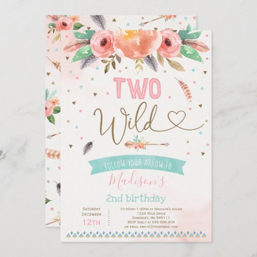 Boho Two Wild Birthday Invitation Waterverf Boho Kaart (Voorkant / Achterkant)