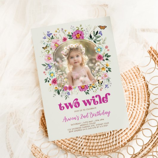 Boho TWO WILD Wildflower 2e verjaardag foto Kaart