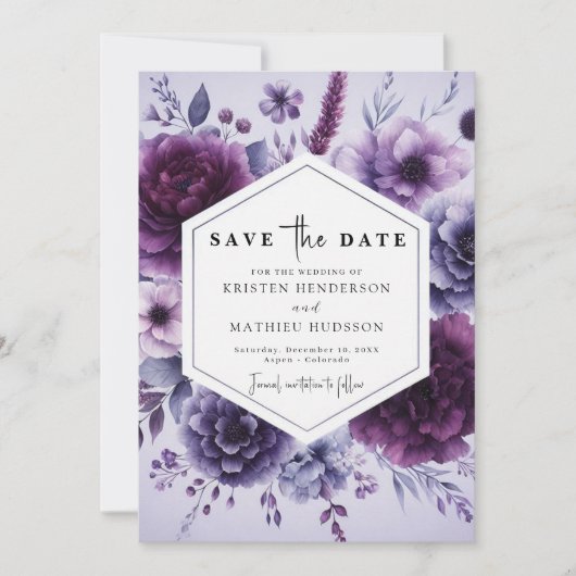Boho Typografie Paarse Bloemen Huwelijk Save The Date (Voorkant)