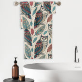 Boho Uil Blad Patroon Blauwgroen Rust Beige Bad Handdoek