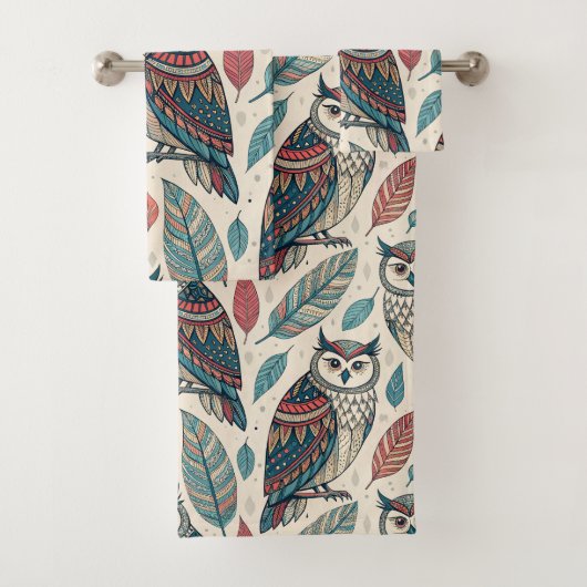 Boho Uil Blad Patroon Blauwgroen Rust Beige Bad Handdoek (Insitu)