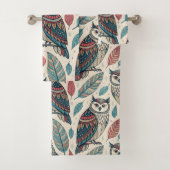 Boho Uil Blad Patroon Teal Roest Beige Bad Handdoek (Insitu)