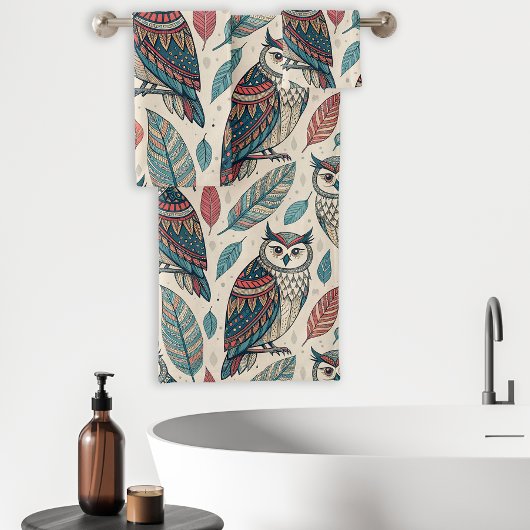 Boho Uil Blad Patroon Teal Roest Beige Bad Handdoek