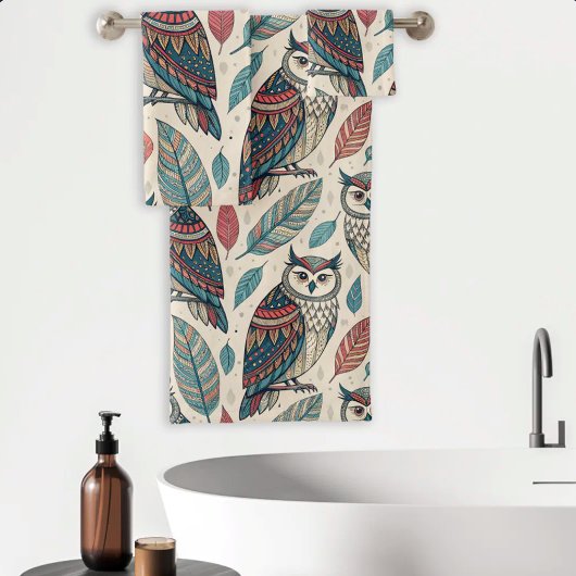 Boho Uil Blad Patroon Teal Roest Beige Bad Handdoek