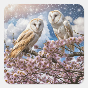 Boho Uilen in Bloeiende Bloemen Vierkante Sticker