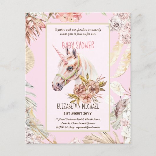 BOHO UNICORN Baby Shower Invitation Waterverf Flyer (Voorkant)