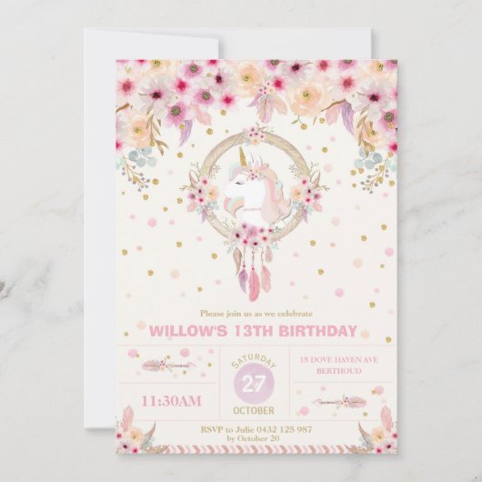 Boho Unicorn Birthday Floral Girl 1ste verjaardag Kaart (Voorkant)