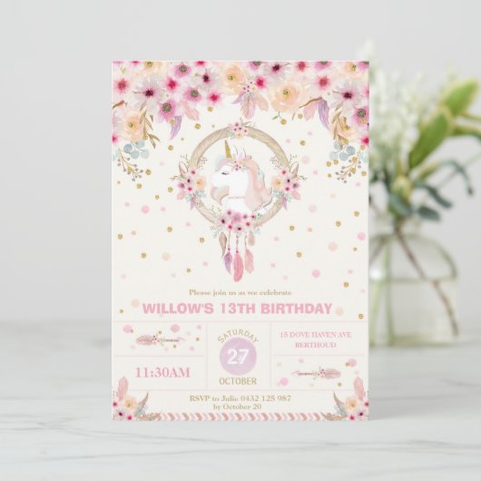 Boho Unicorn Birthday Floral Girl 1ste verjaardag Kaart (Staand voorkant)