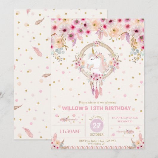 Boho Unicorn Birthday Floral Girl 1ste verjaardag Kaart (Voorkant / Achterkant)