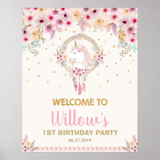 Boho Unicorn Birthday Party Welcome Floral Large Poster (Voorkant)