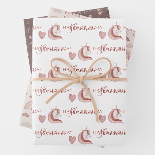 Boho Unicorn Birthday Wrapping Paper Sheets (In situ)