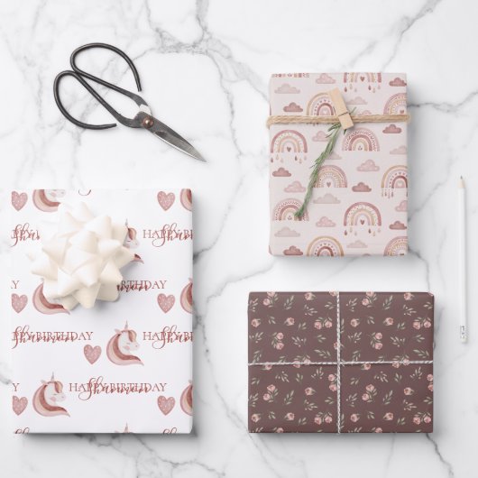 Boho Unicorn Birthday Wrapping Paper Sheets (Voorkant)