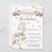 Boho Unicorn Magisch Meisje 4e Verjaardagsuitnodig Kaart (Voorkant)