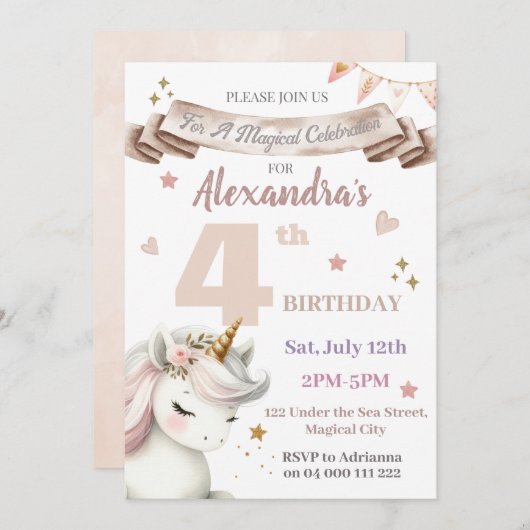 Boho Unicorn Magisch Meisje 4e Verjaardagsuitnodig Kaart (Voorkant / Achterkant)