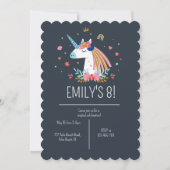 Boho Unicorn Modern Navy Girls Cute Birthday Invit Kaart (Voorkant)