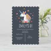 Boho Unicorn Modern Navy Girls Cute Birthday Invit Kaart (Staand voorkant)