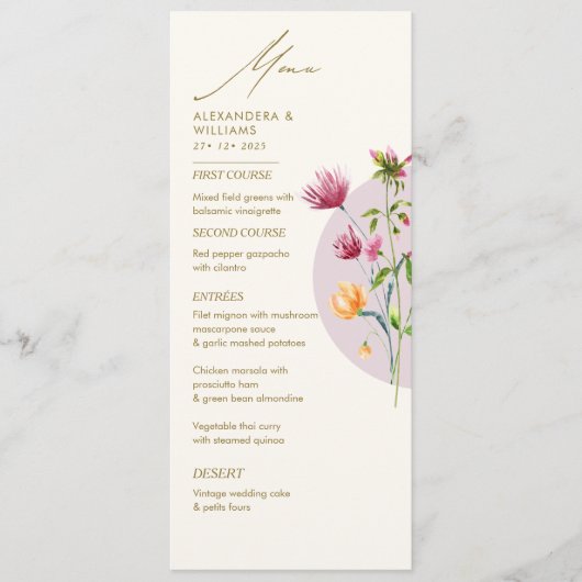 Boho Unieke Spring Wildflower grillige bruiloft Menu (Voorkant)