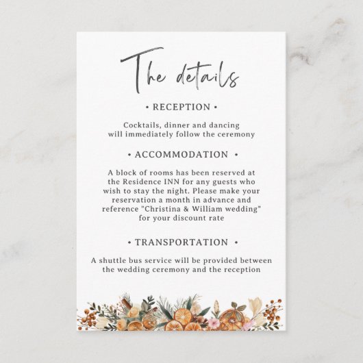 Boho vakantie botanische bruiloft details informatiekaartje (Voorkant)