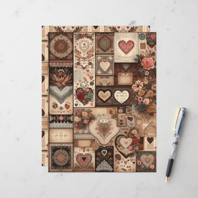 Boho Valentijnse  Ephemera Scrapbook Papier (Voorkant / Achterkant in situ)