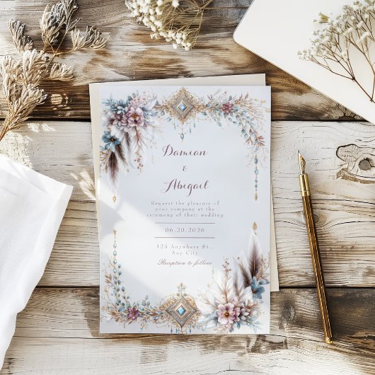 Boho Veer Bloem Goud Sierlijst Bruiloft Kaart