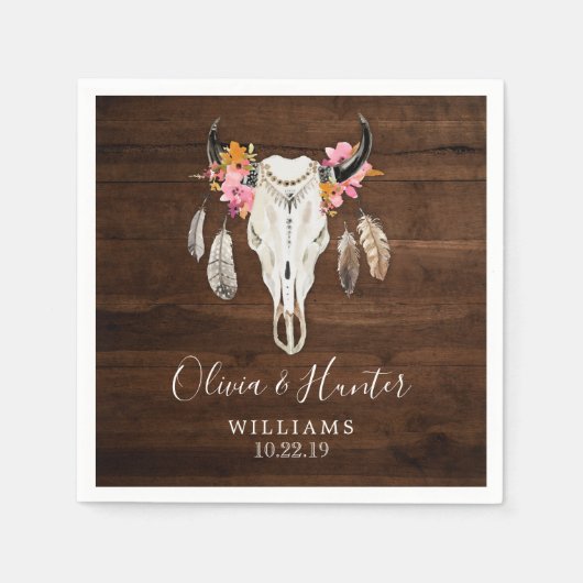 Boho Veer Herten schedel Donker Hout Bruiloft Servet (Voorkant)