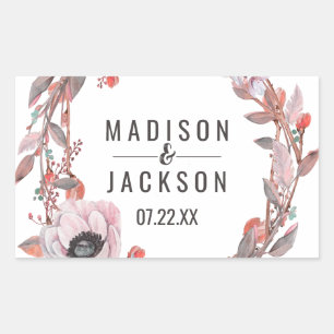 Boho Veer Perzik Bloemenkrans Bruiloft Monogram Rechthoekige Sticker