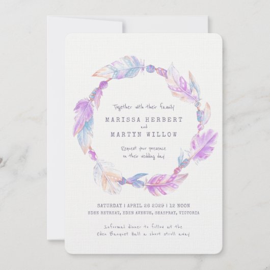 Boho veer waterverf paarse bruiloft uitnodigingen (Voorkant)