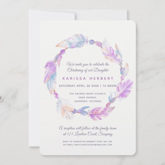 Boho veer waterverf paarse doop kaart (Voorkant)