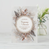 Boho Veerkrans Aardtinten Gouden Frame Bruiloft Kaart (Staand voorkant)