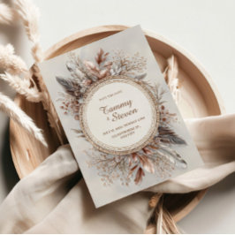 Boho Veerkrans Aardtinten Gouden Frame Bruiloft Kaart