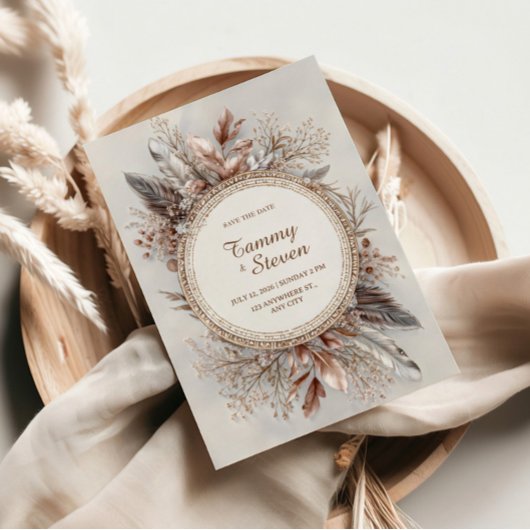 Boho Veerkrans Aardtinten Gouden Frame Bruiloft Kaart
