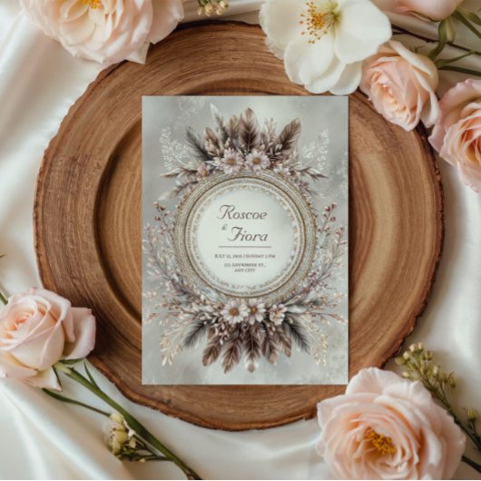 Boho Veerkrans Roze Bloem Bruiloft Kaart