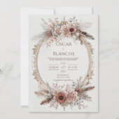 Boho Veerkrans Roze Bloemen Goud Bruiloft Kaart (Voorkant)