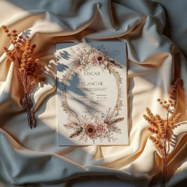 Boho Veerkrans Roze Bloemen Goud Bruiloft Kaart