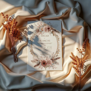 Boho Veerkrans Roze Bloemen Goud Bruiloft Kaart