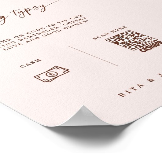 Boho Venmo Tip Uw Bartender Trouwbord Poster (Hoek)