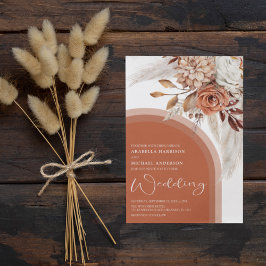 Boho Verbrand Oranje Bloem- en Pampagras Bruiloft Kaart