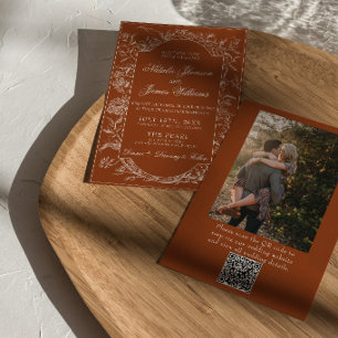 Boho Verbrande Oranje Bloem QR Code Foto Bruiloft Kaart