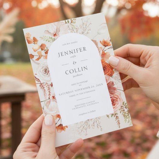 Boho verbrande Oranje Herfst bloemboog Monogram Be Kaart