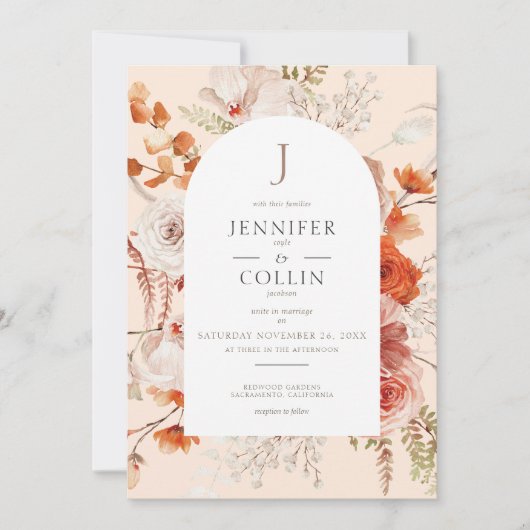 Boho verbrande Oranje Herfst bloemboog monogram pe Kaart (Voorkant)